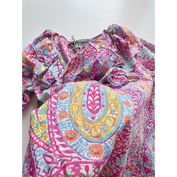 LAUREN RALPH LAUREN Pink Paisley Cotton Voile V-Neck Ruffle Blouse, Size M - Picture 10 of 16